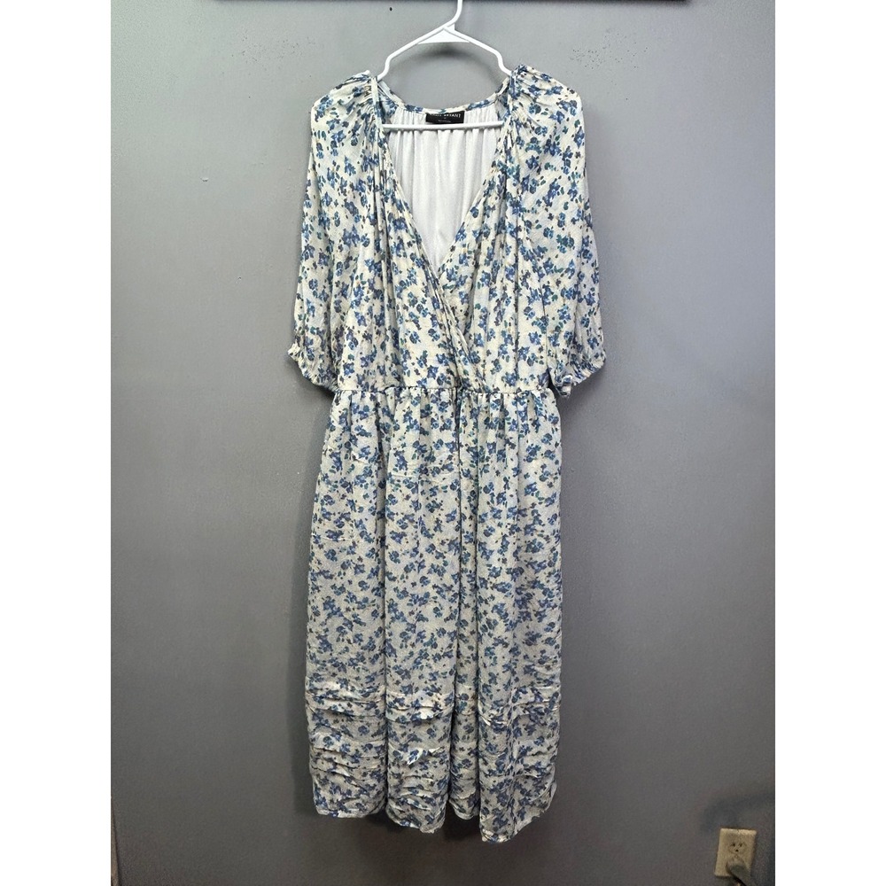 Lane Bryant Dress Womens 14 Blue Floral Wrap V-Neck Tiered Midi Pockets Cottage